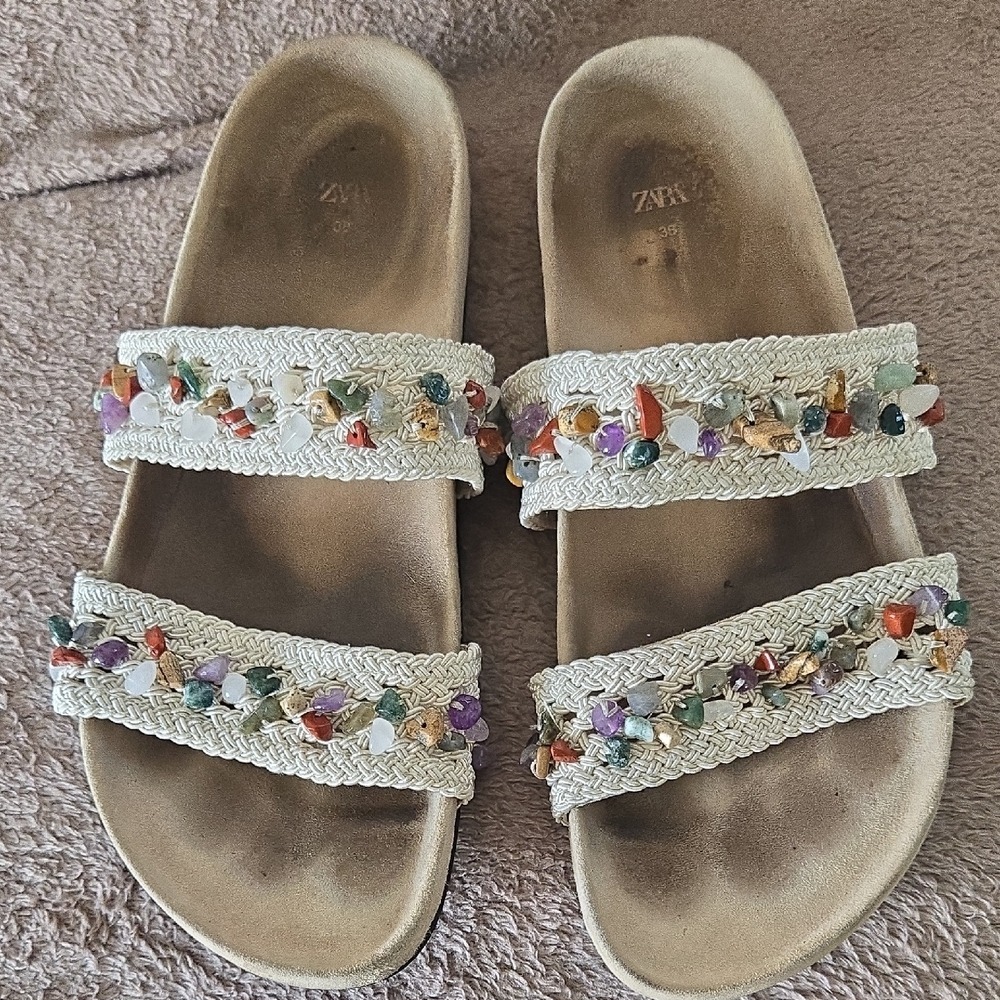 Zara Braided Gemstone Chip Flat Sandals Cream Tan Boho Slides 1652/310/002-38